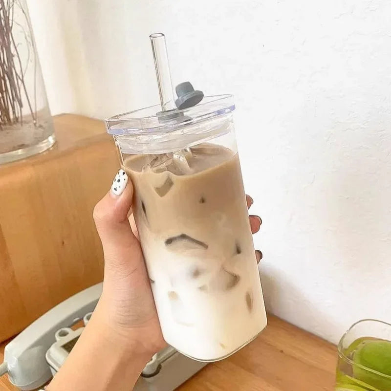 Coffee Mug for Drinkware Glass Water CupSquare Heat Resistant Coffee Glass Cup with Lid Straw Transparent Milk Tea Juice Cups