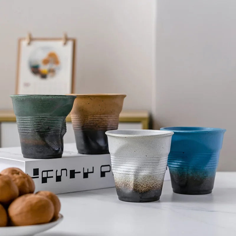 Creative Coarse Ceramic Coffee Cups Retro Irregular Folded Ceramic Mug 3oz 90ml