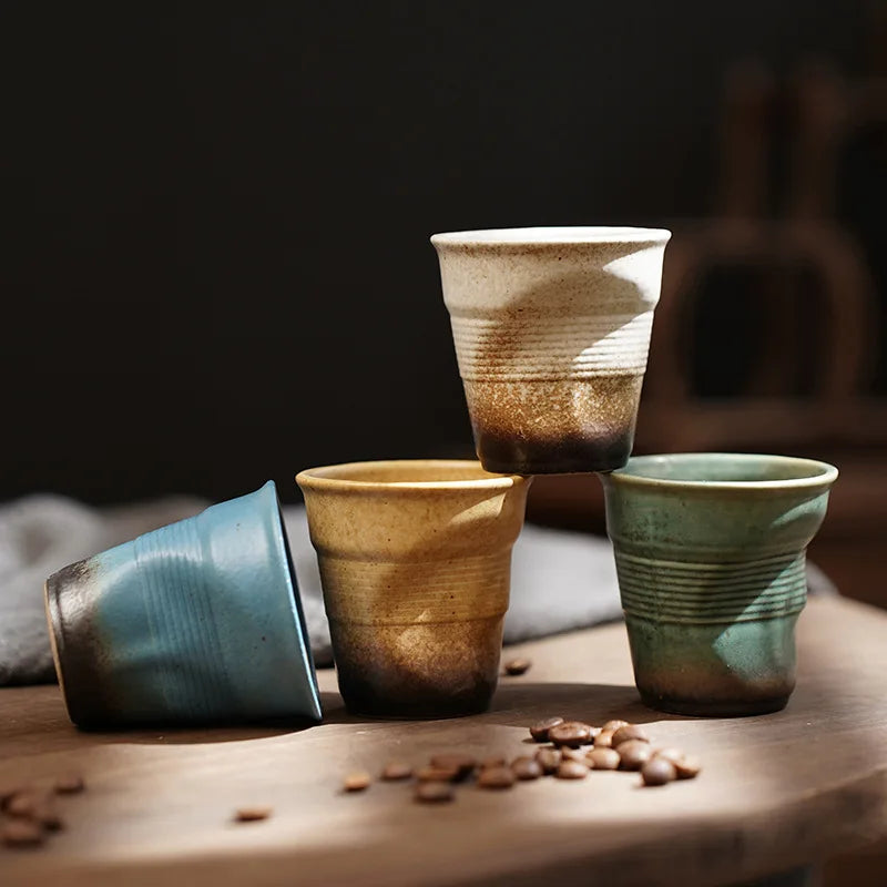 Creative Coarse Ceramic Coffee Cups Retro Irregular Folded Ceramic Mug 3oz 90ml